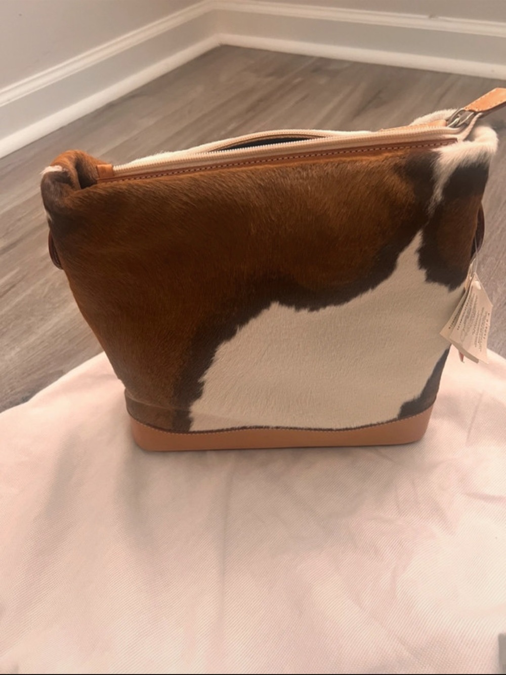 Cowhide Cosmetic Pouch in Brown & White with Leather Trim